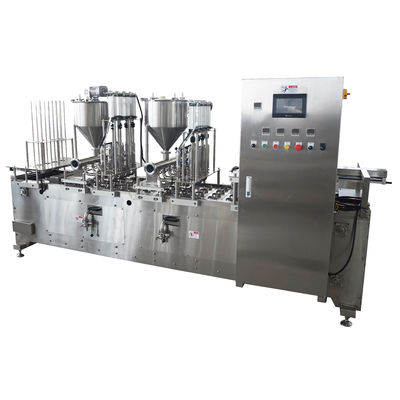 Macchina di sigillamento lineare per riempimento di tazze di plastica con funzionamento manuale semiautomatico completamente automatico